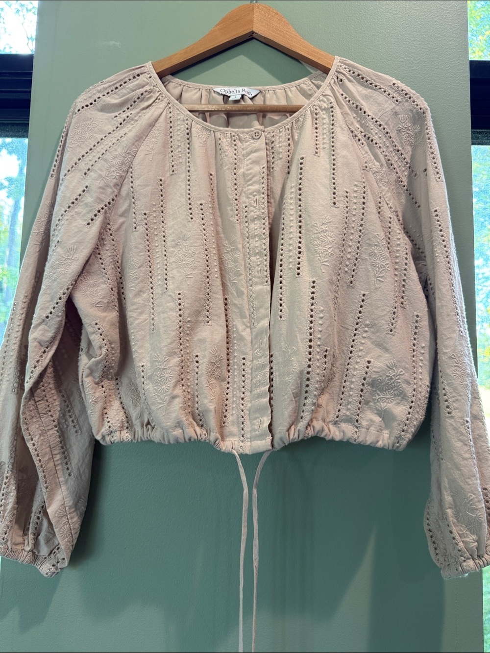 Ophelia Roe. Blush Eyelet Drawstring Blouse
